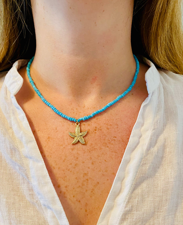 Starfish Pendant Turquoise Beaded Choker