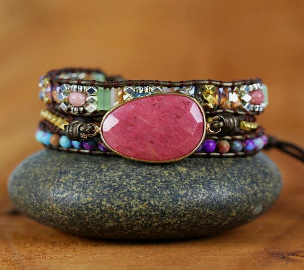 Watermelon Pink Natural Stone Wrap Bracelet