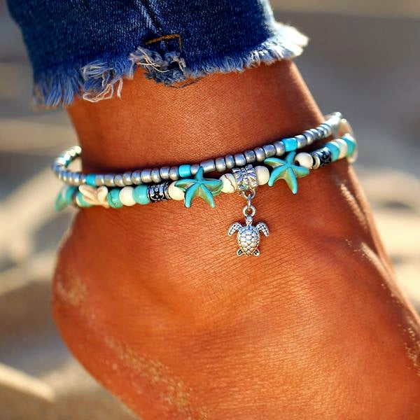 Starfish Turtle Charm Turquoise Beaded Anklet