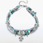 Starfish Turtle Charm Turquoise Beaded Anklet