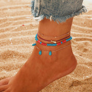 Turquoise Bead Gold Chain Fish Charm Layered Anklet