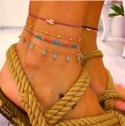 Turquoise Bead Gold Chain Fish Charm Layered Anklet