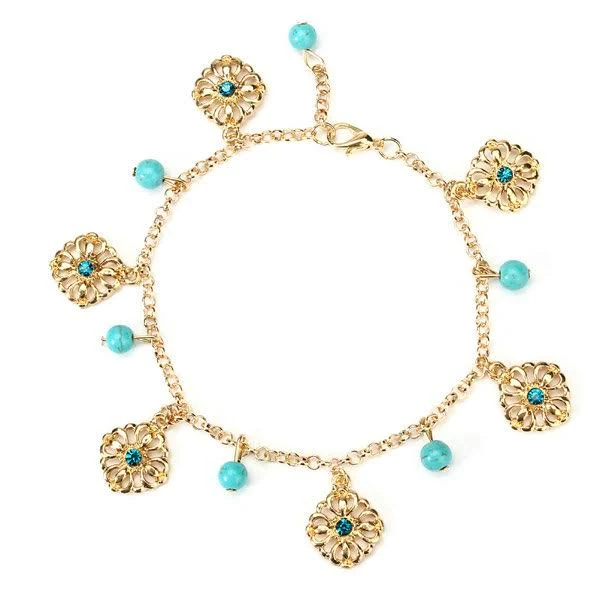Turquoise Bead Gold Chain Layered Ankle Bracelet