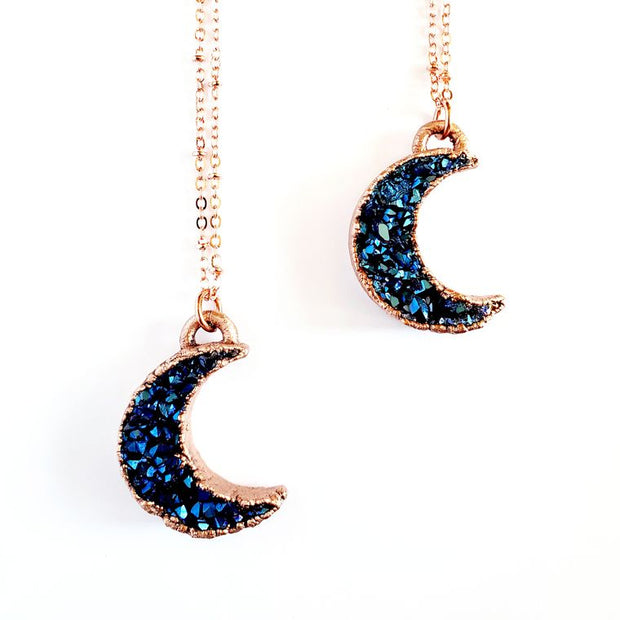 Mystic Blue Titanium Druzy Moon Necklace