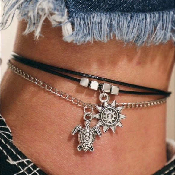 Sun and Sea Turtle Charm Silver Chain Anklet