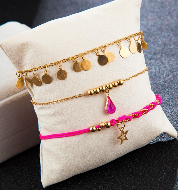 Boho Style Pink Tourmaline Gold Chain Ankle Bracelet