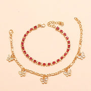 Rhinestone Butterfly Charm Gold Chain Layered Ankle Bracelet
