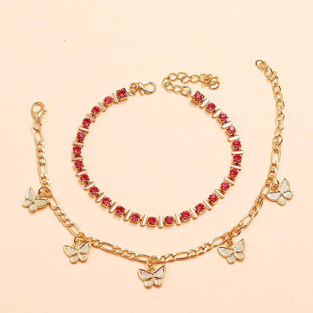 Rhinestone Butterfly Charm Gold Chain Layered Ankle Bracelet