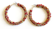 Silver and Red Beaded Hoop Earrings