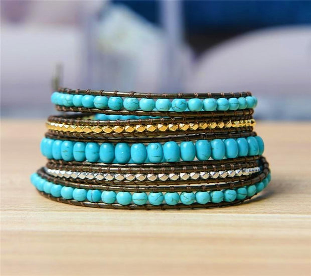 Turquoise Stone Vintage Style Beaded Wrap Bracelet