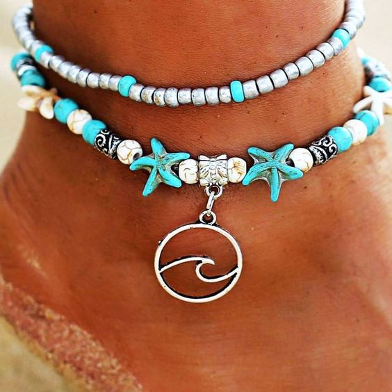 Bohemian Style Ocean Wave Charm Turquoise Beaded Anklet